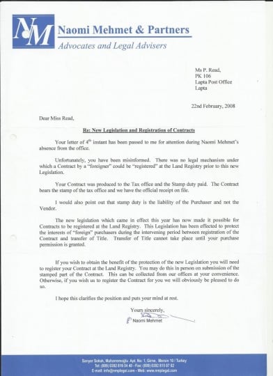 Naomi Mehmet letter confirming could NOT register contract